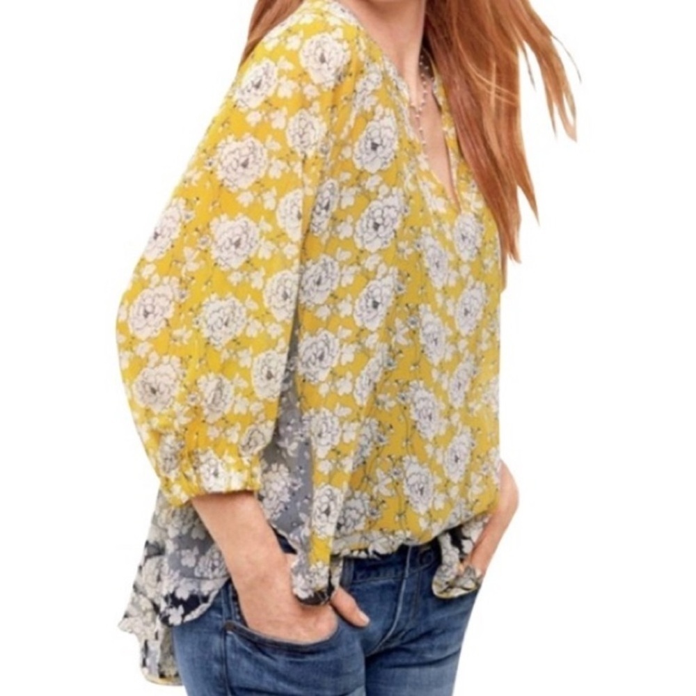CAbi Women’s Top Yellow Grey Black Floral Blouse size S